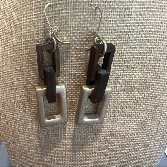 Gold & Brown Geometric Link Earrings for Pierced Ears Leverback French Closure - Picture 7 of 7